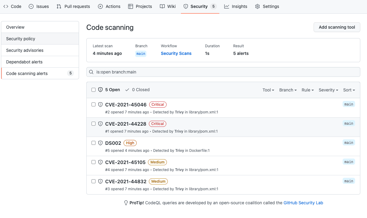 GitHub Security Tab